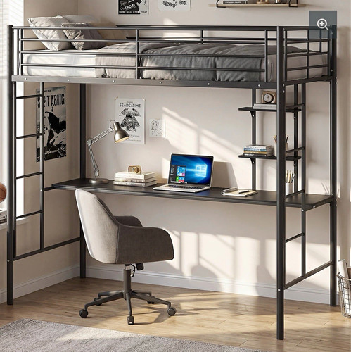 Black metal single loft bed - black,