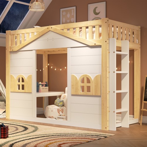 Wooden house bunk bed - house, 3ft